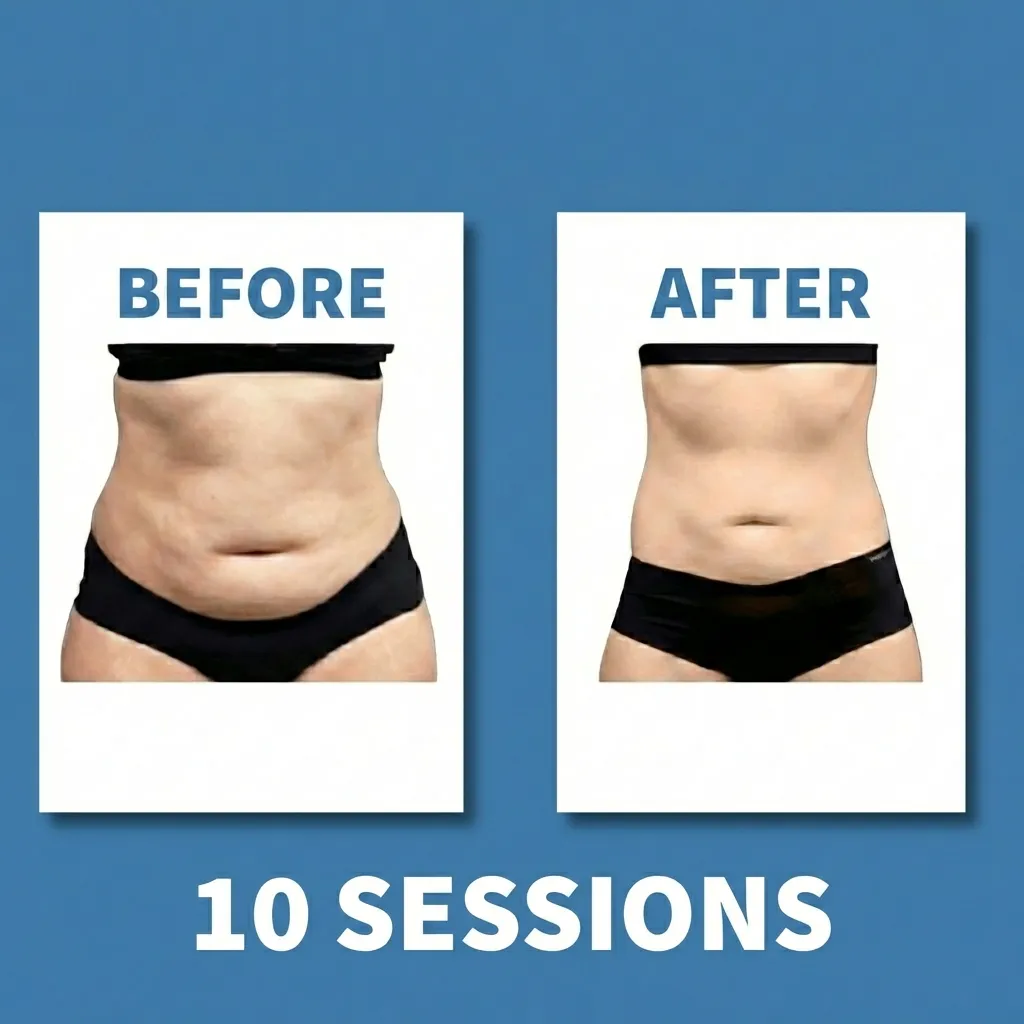 Cryo body sculpting before and after, abdomen front view, 10 sessions