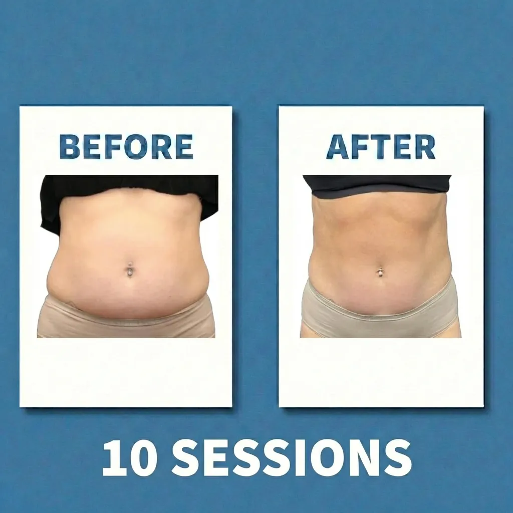 Cryo body sculpting before and after, abdomen front view, 10 sessions